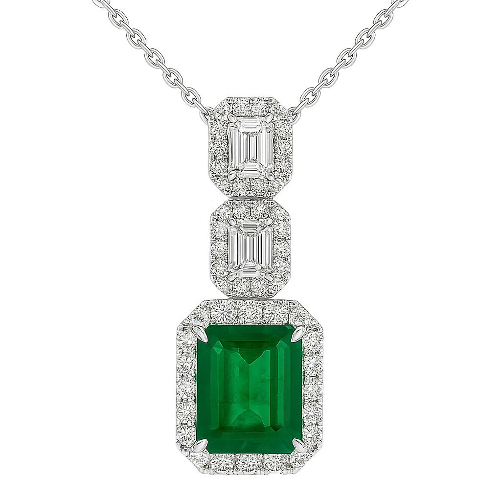 Handmade 18K White Gold Green Emerald Pendant, 3ct