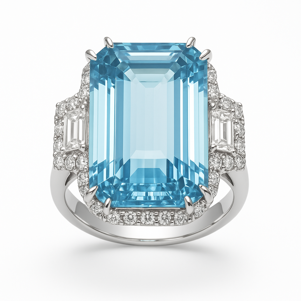 CR056612-AQ - Ring 18KW/6.1G 1AQUA-8.01CT 2EC-0.60CT 42RD-0.30CT