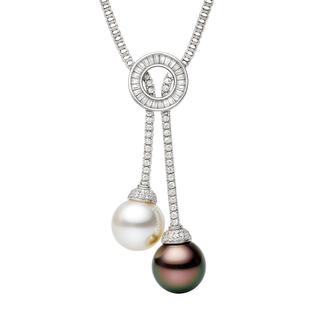 18K White Gold Tahitian/South Sea Pearl Necklace, 12-13mm, 0.61ct