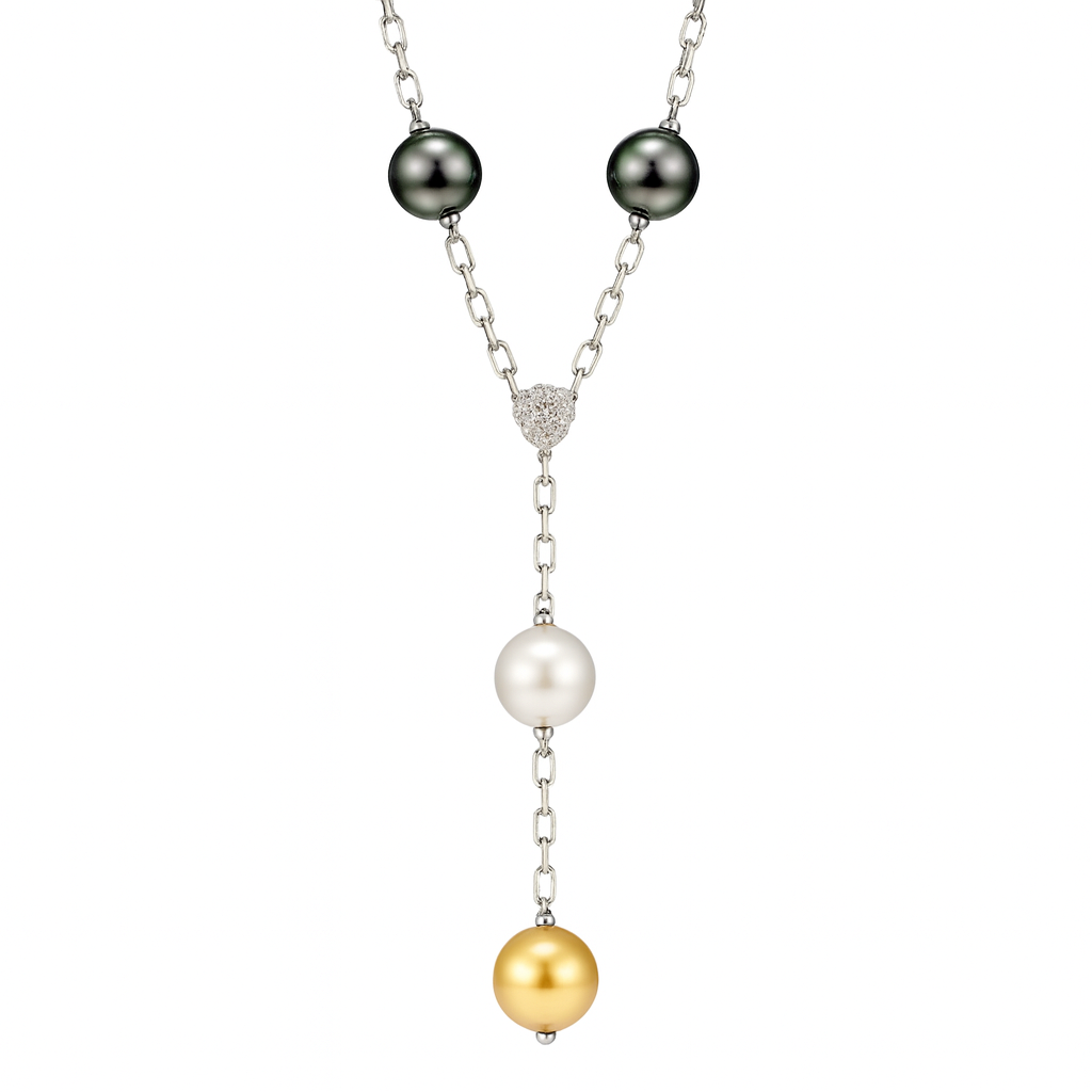 18K White Gold Pearl Diamond Necklace, 10-13mm, 0.39ct