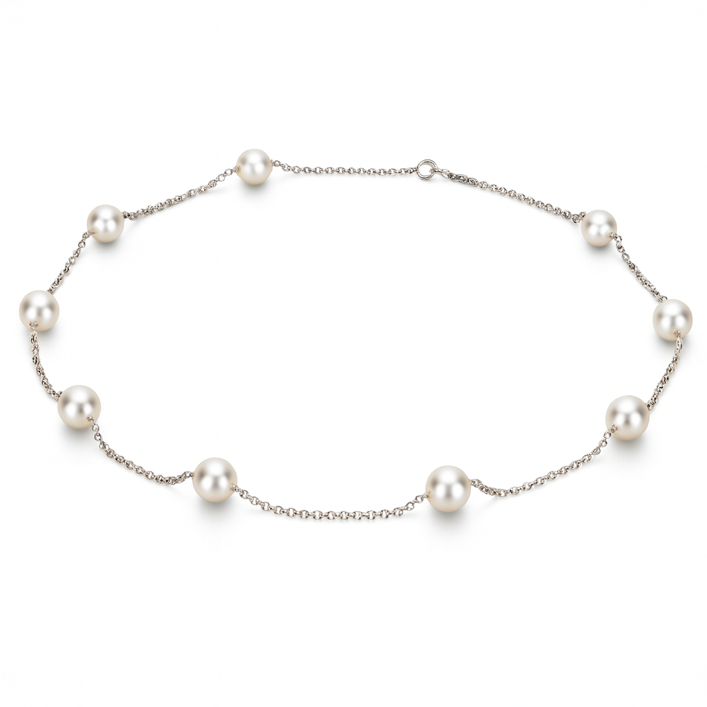 14K White Gold Akoya Pearl Tincup Necklace, 6-6.50mm