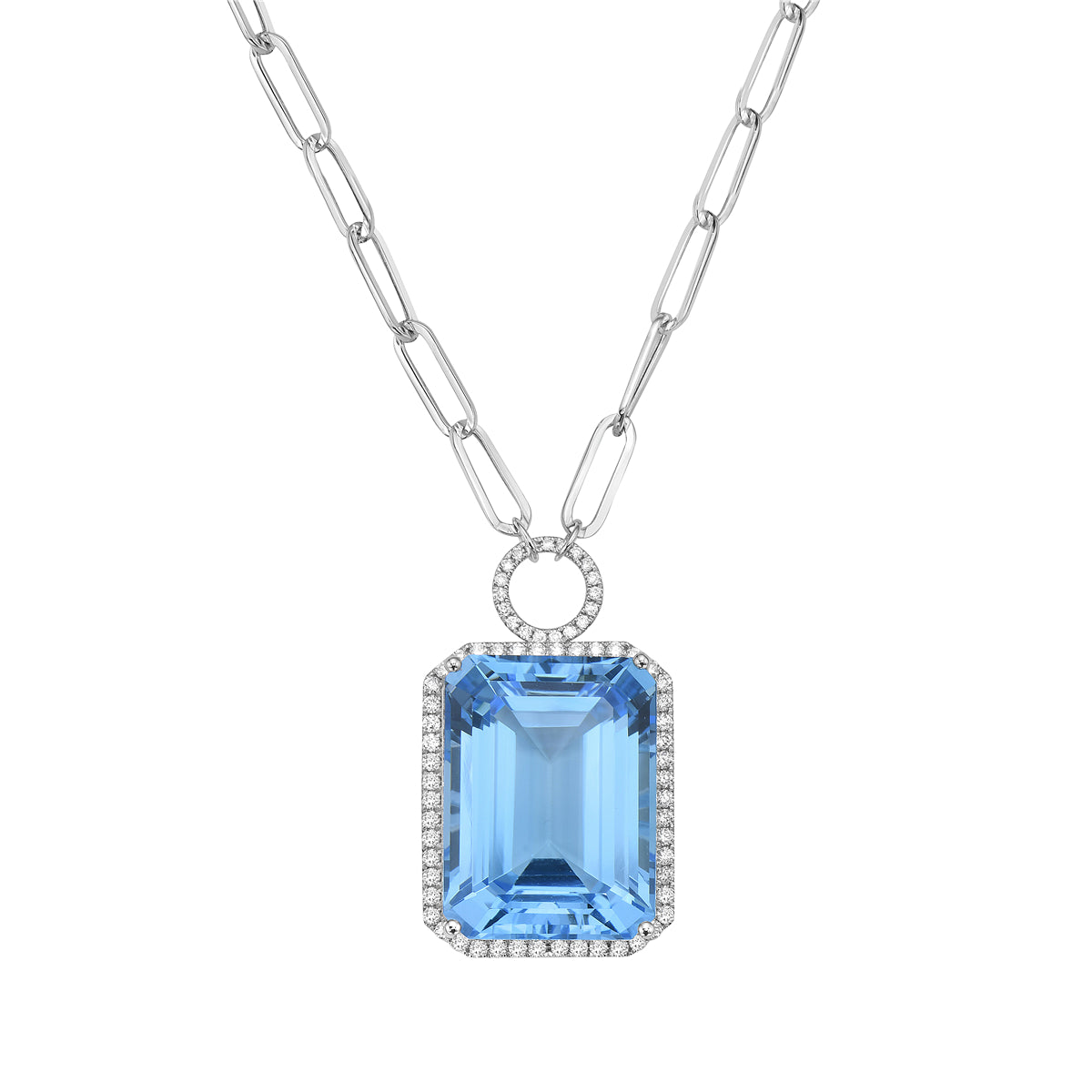 N090009W-SWBT - Necklace 14KW/3.3G 1SWBT-29.57CT 69RD-0.44CT Swiss Blue Topaz