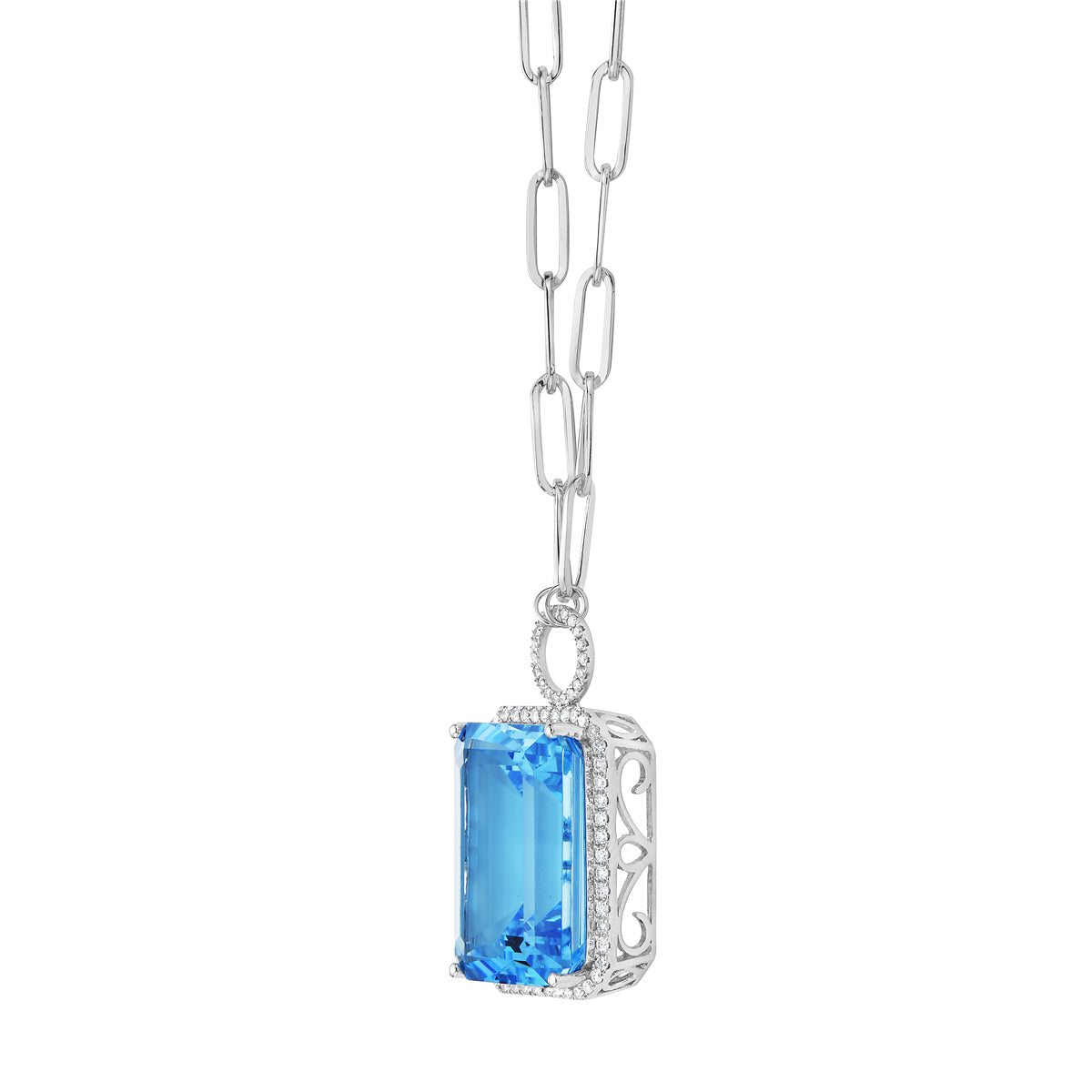 N090009W-SWBT - Necklace 14KW/3.3G 1SWBT-29.57CT 69RD-0.44CT Swiss Blue Topaz