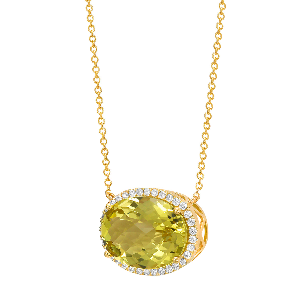 N090075Y-GGQ - Necklace 14KY/4.3G 1GGQ-8.41CT 34RD-0.32CT Gold Green Quartz