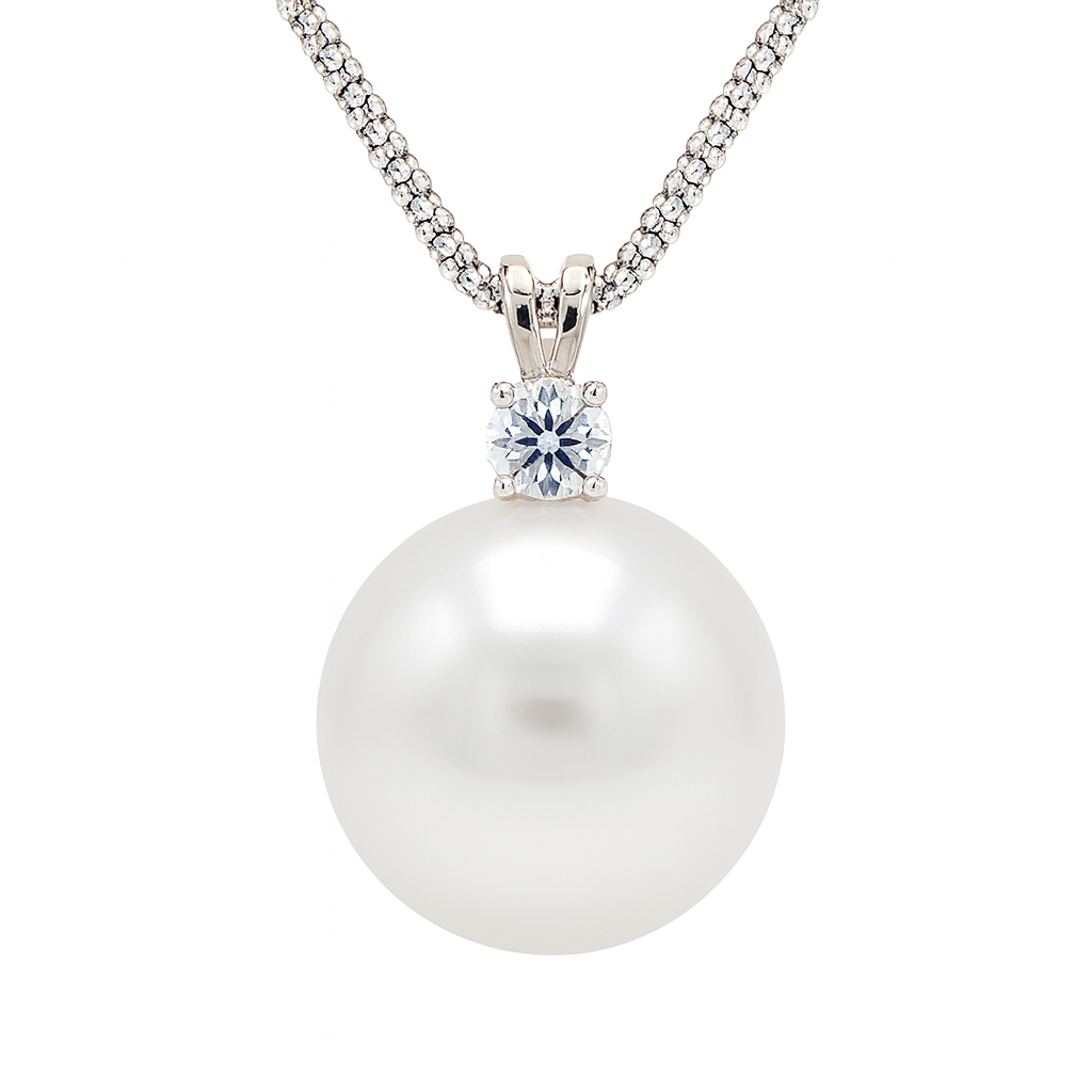 18K White Gold South Sea Pearl Pendant, 15-16mm, 0.24ct