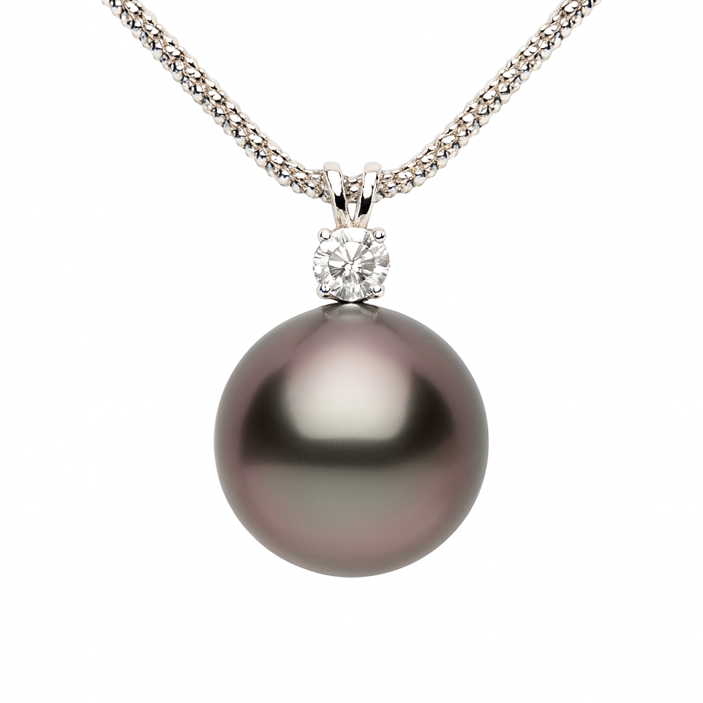 18K White Gold Tahitian Pearl Pendant, 14-15mm, 0.24ct