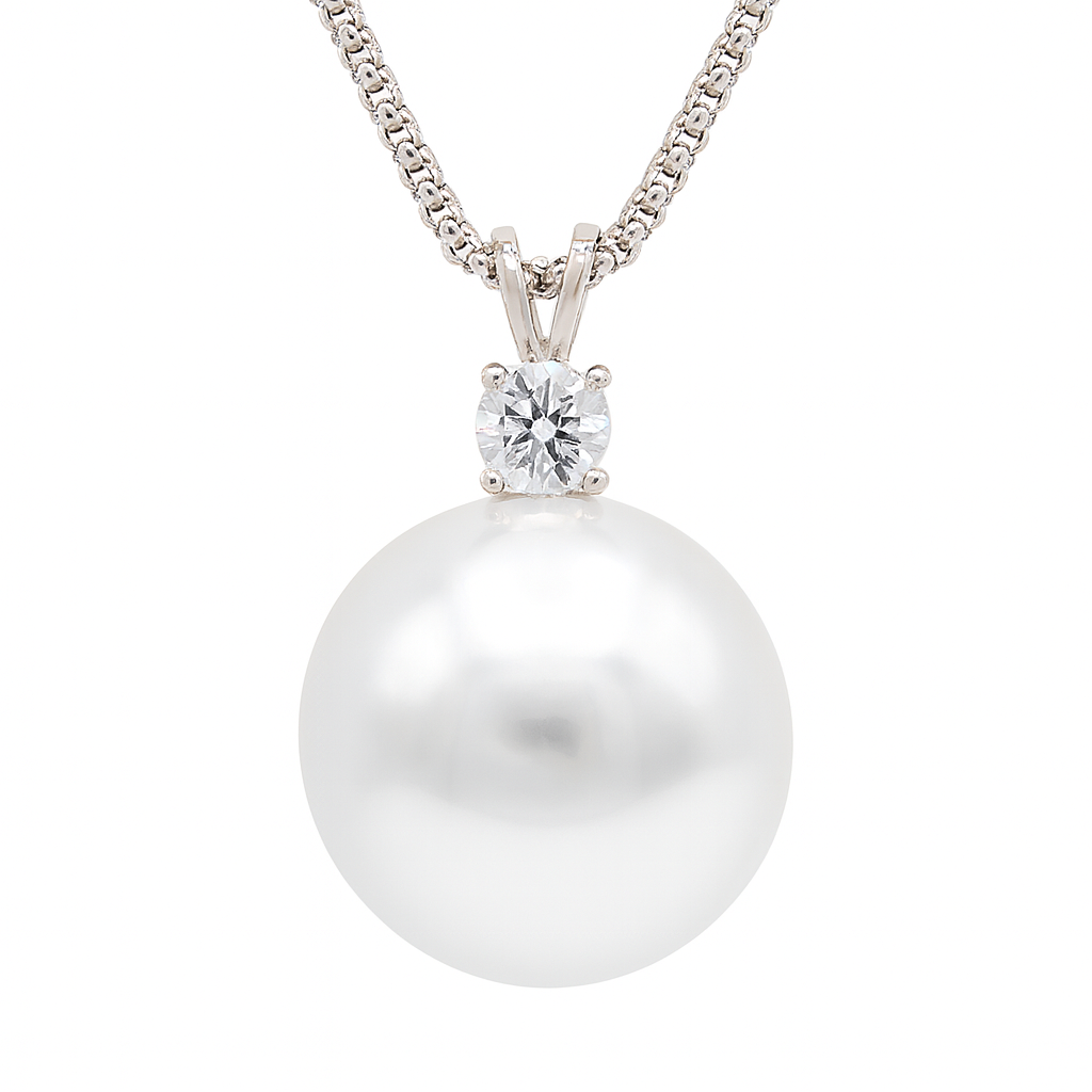 18K White Gold South Sea Pearl Pendant, 14-15mm, 0.24ct