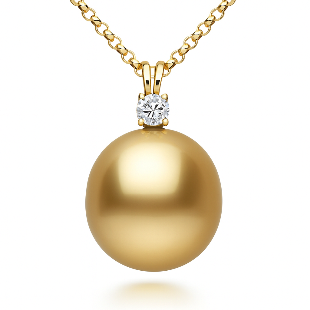 18K Yellow Gold Golden Pearl Pendant, 15-16mm, 0.24ct