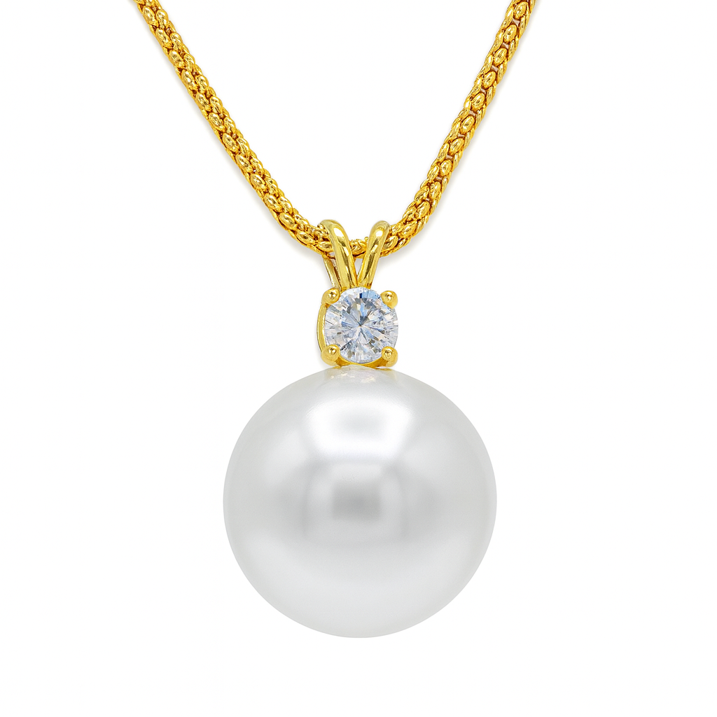 18K Yellow Gold South Sea Pearl Pendant, 15-16mm, 0.24ct