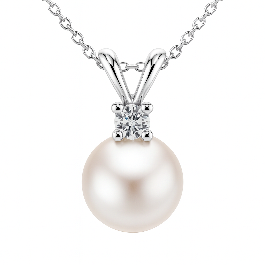 14K White Gold Akoya Pearl 8-9mm Diamond Rabbit Ear Pendant, 0.05ct