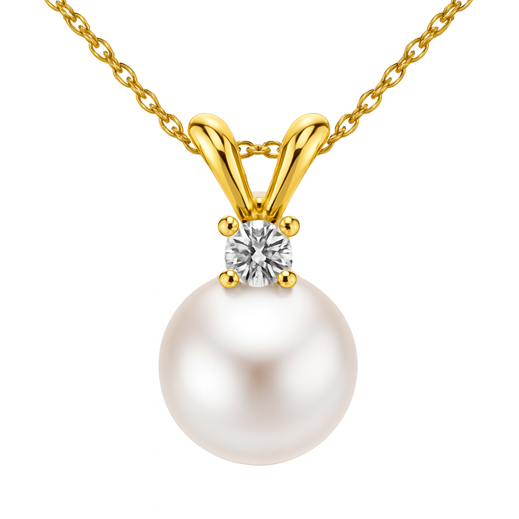 14K Yellow Gold Akoya Pearl 8-9mm Diamond Rabbit Ear Pendant, 0.05ct