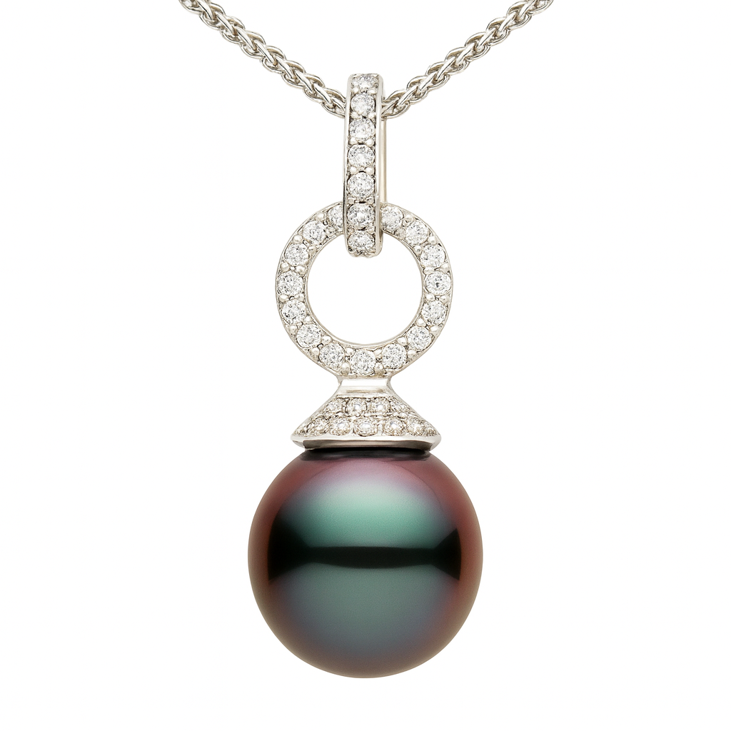 14K White Gold Tahitian Pearl Pendant, 11-12mm, 0.25ct