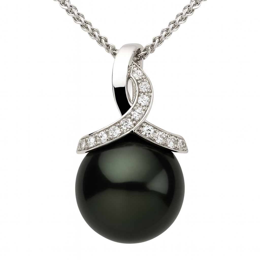 14K White Gold Tahitian Pearl Pendant, 11-12mm