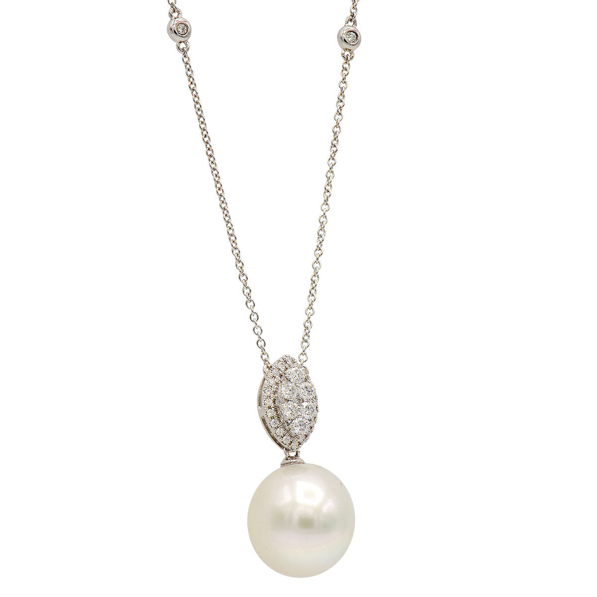 18K Yellow Gold White Freshwater Pearl Necklace, 12-13mm, 0.36ct
