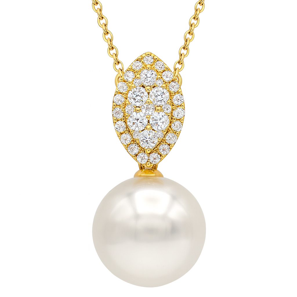 18K Yellow Gold White Freshwater Pearl Necklace, 12-13mm, 0.36ct