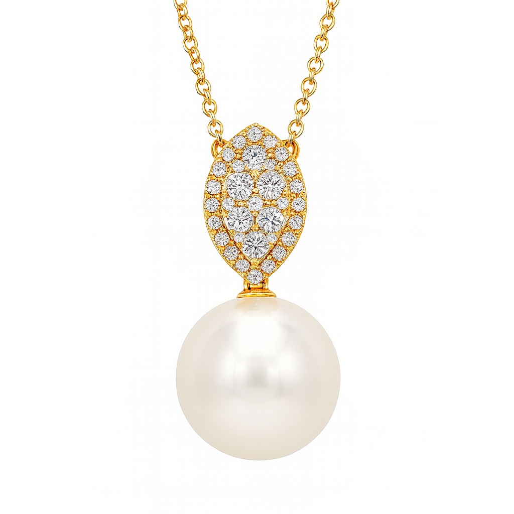 18K Yellow Gold South Sea Pearl Pendant, 12-13mm, 0.37ct