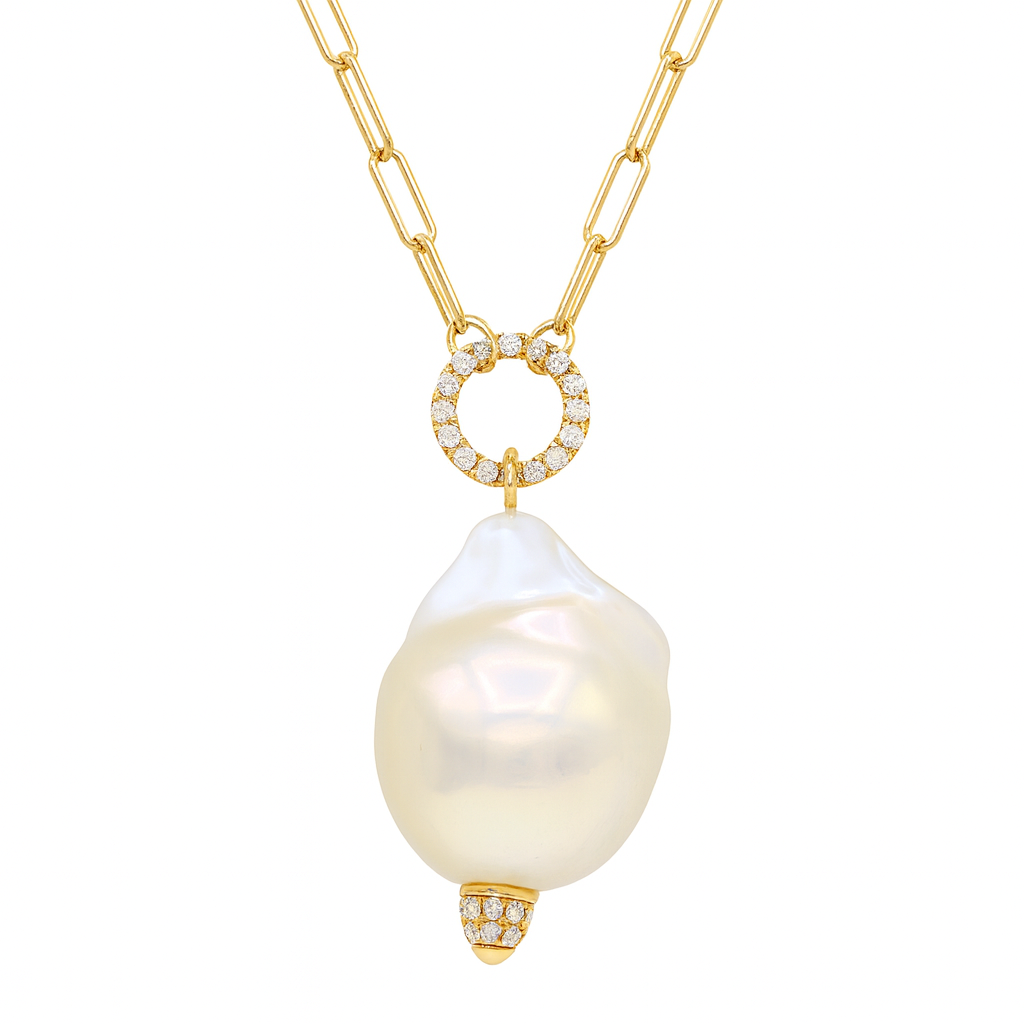 14K Yellow Gold Freshwater Pearl Pendant, 14-15mm, 0.2ct