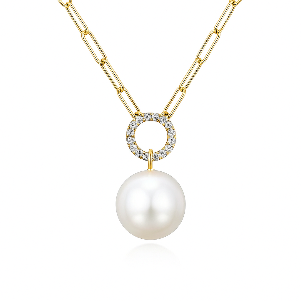18K Yellow Gold Freshwater Pearl Pendant, 12-13mm, 0.12ct