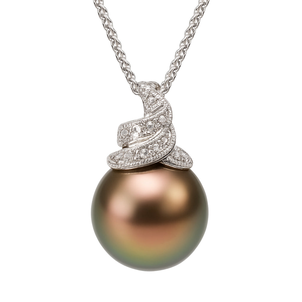 14K White Gold Tahitian Pearl Pendant, 11-12mm, 0.12ct