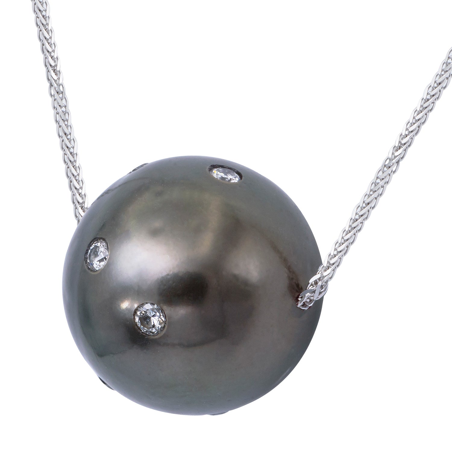 18K White Gold Tahitian Pearl Pendant, 14-15mm, 0.24ct