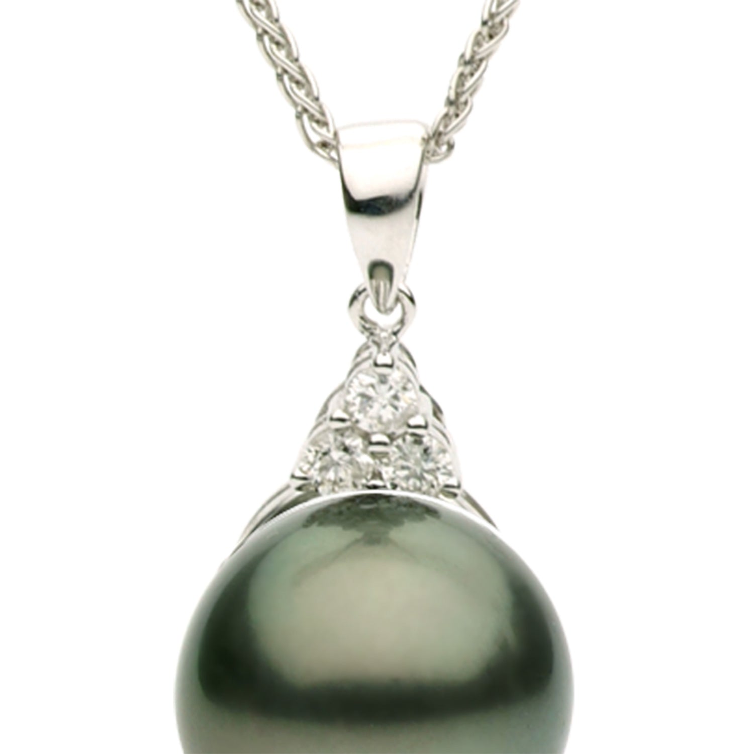 14K White Gold Tahitian Pearl Pendant, 11-12mm, 0.09ct