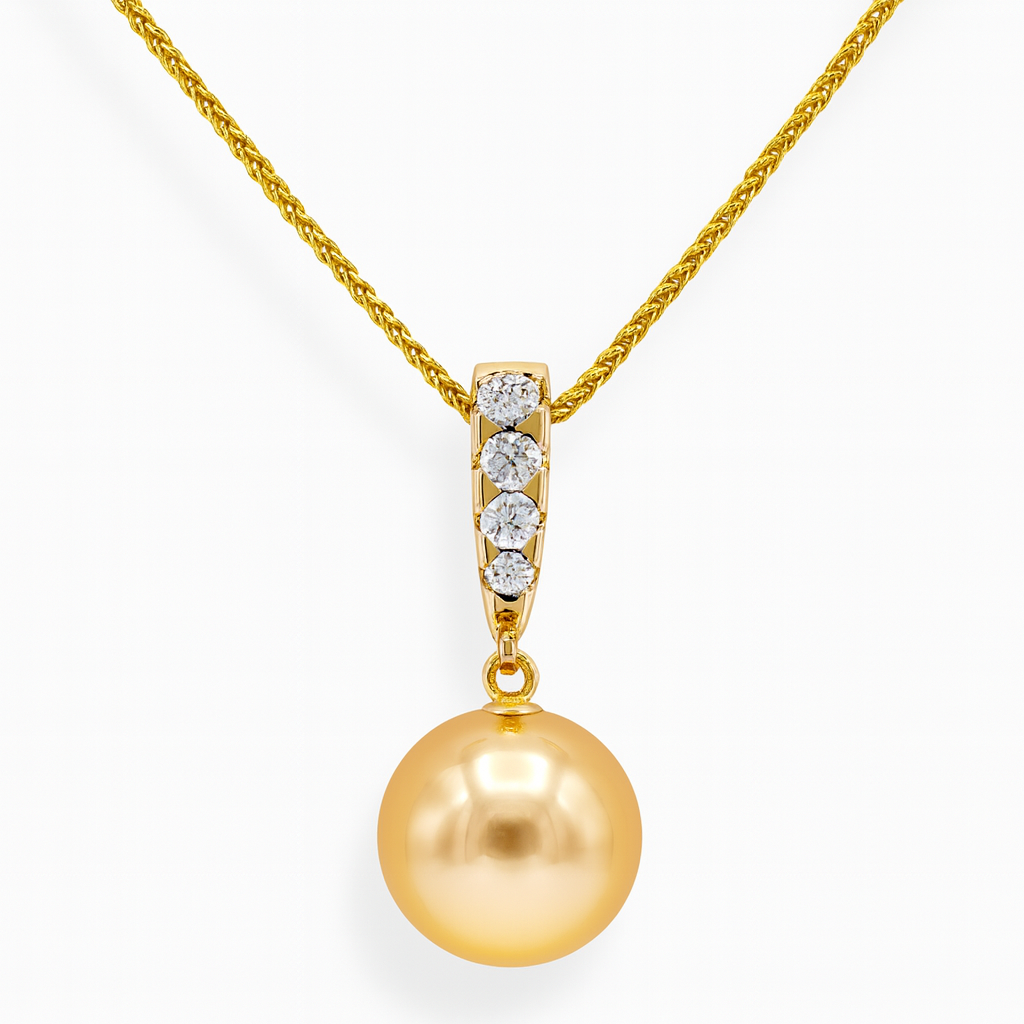 14K Yellow Gold Pearl Pendant, 11-12mm, 0.15ct