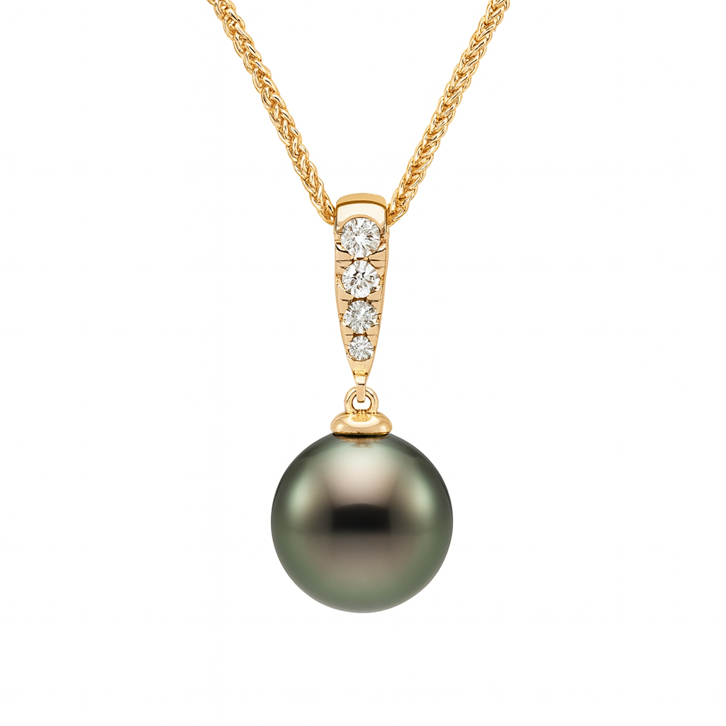 14K Yellow Gold Tahitian Pearl Pendant, 10-11mm, 0.15ct