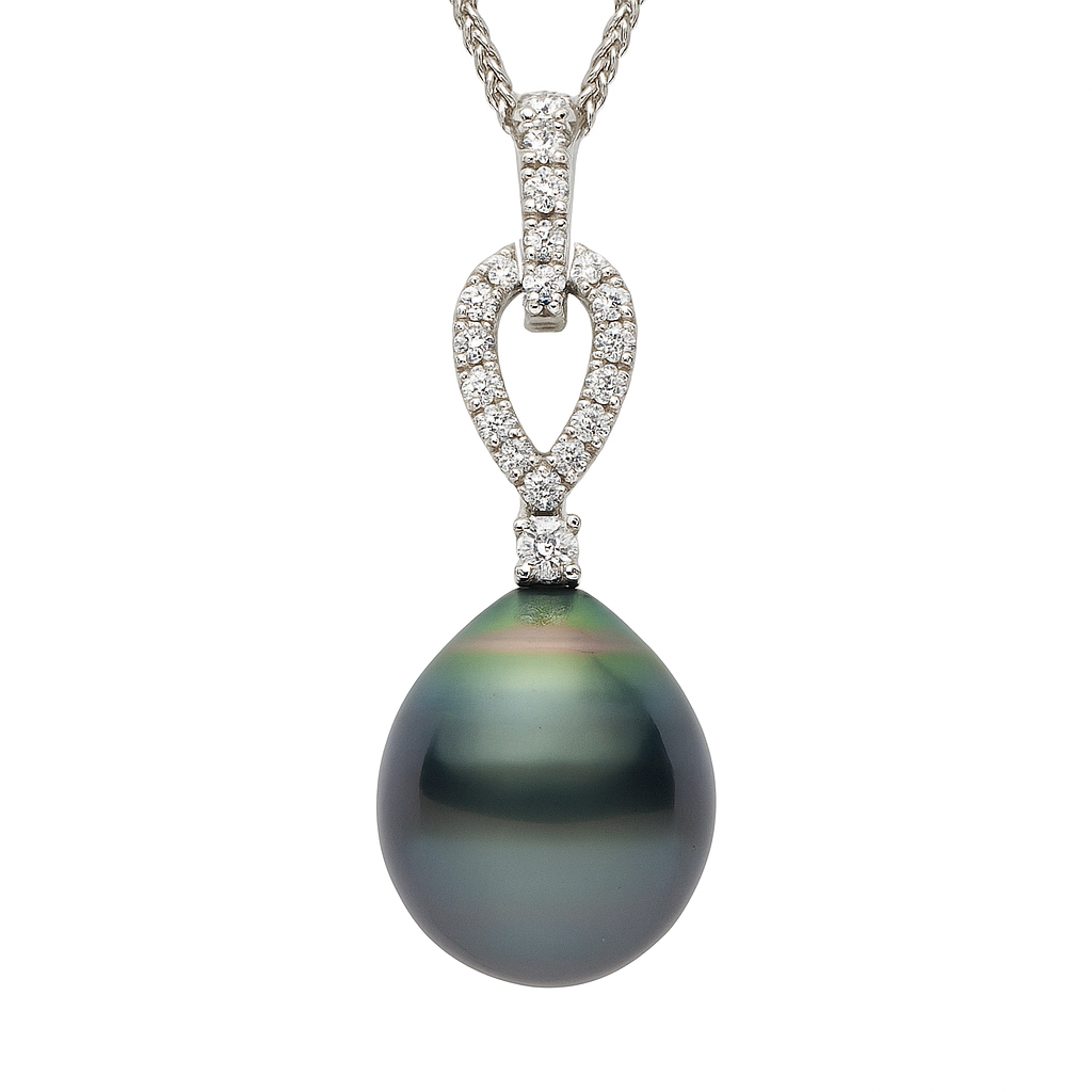 14K White Gold Tahitian Pearl Pendant, 11-12mm, 0.19ct