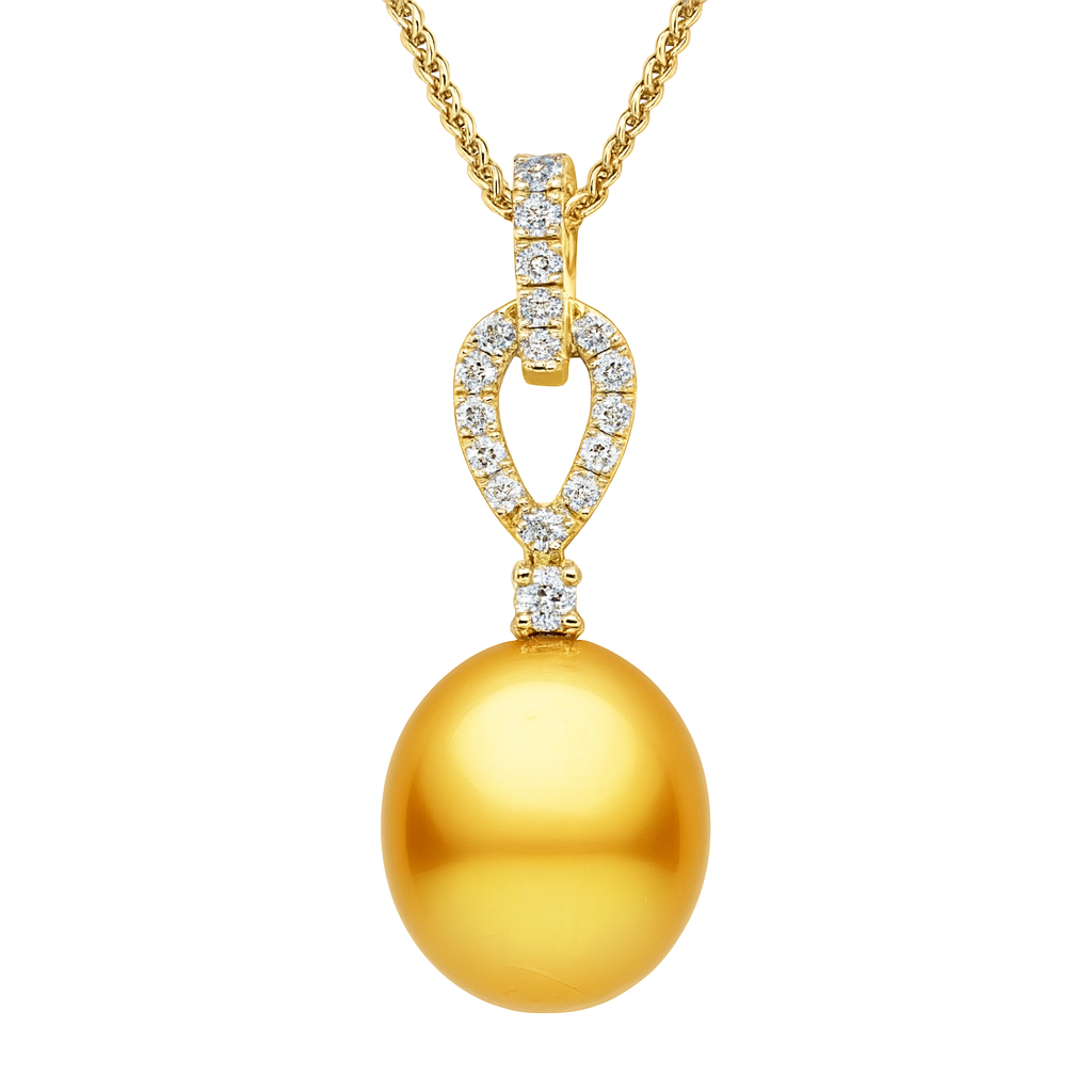 18K Yellow Gold Golden South Sea Pearl Pendant, 11-12mm, 0.23ct