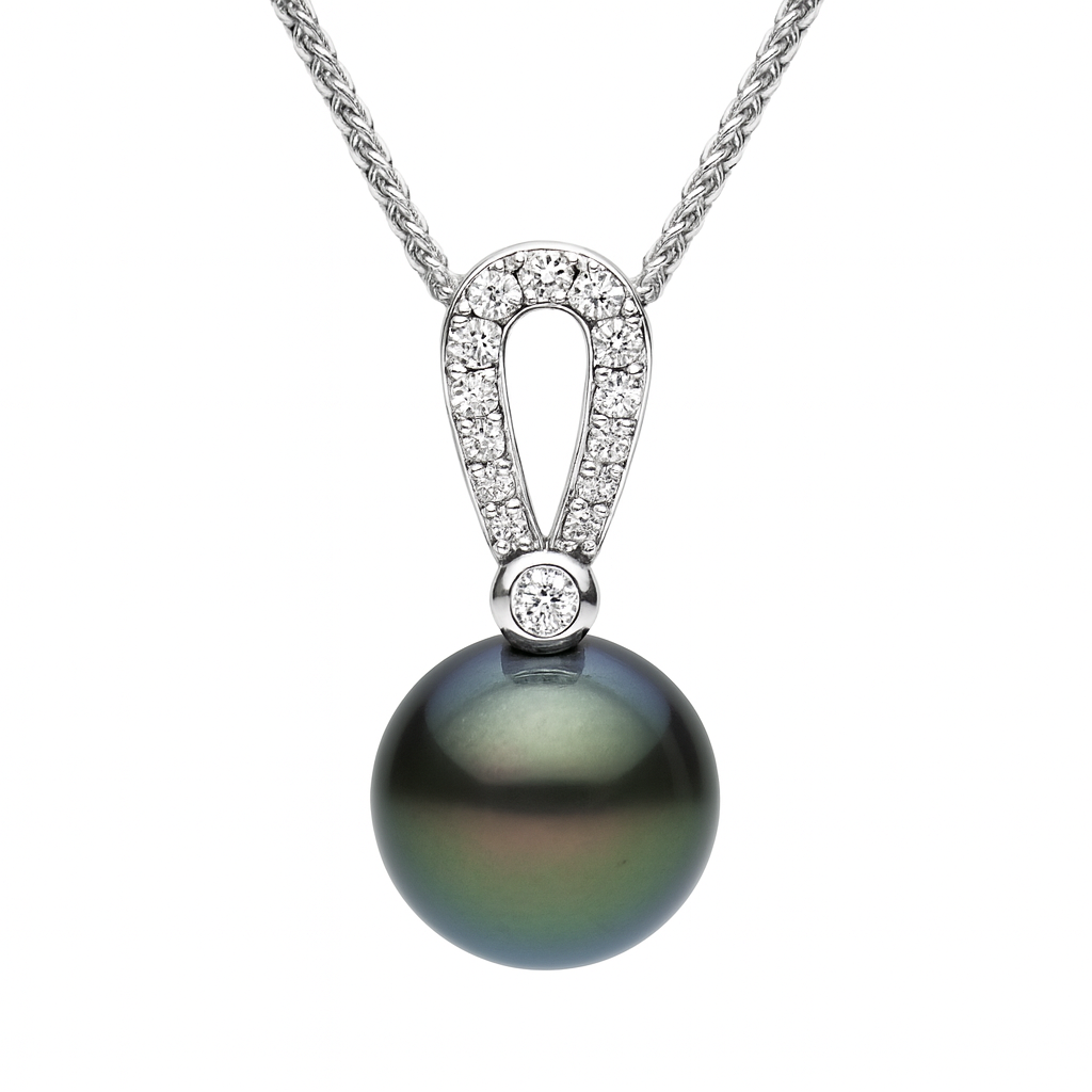 14K White Gold Tahitian Pearl Pendant, 9-10mm, 0.14ct