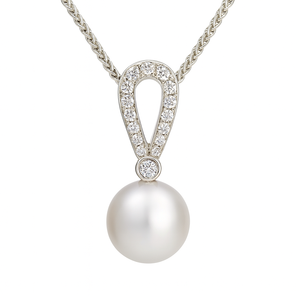 14K White Gold Freshwater Pearl Pendant, 9-9.50mm, 0.15ct