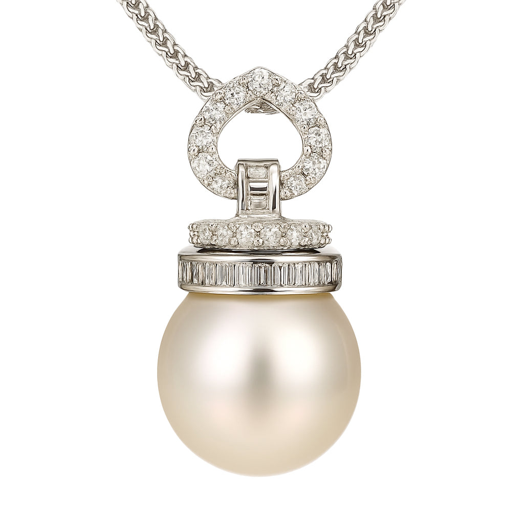18K White Gold South Sea Pearl Pendant, 13-14mm, 0.29ct