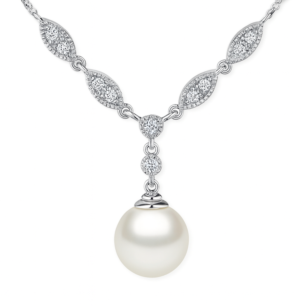 14K White Gold Freshwater Pearl Pendant, 9-10mm, 0.16ct