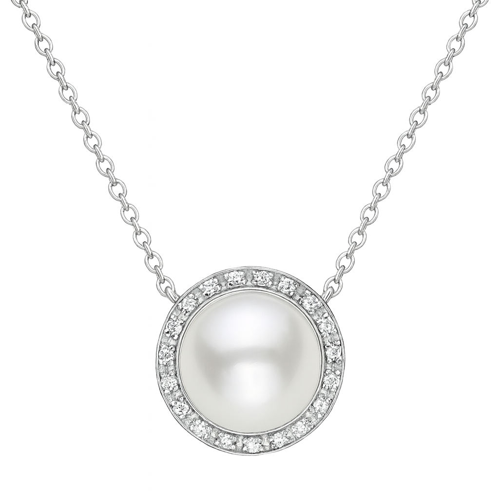 14K White Gold Freshwater Pearl Pendant, 8-9mm, 0.16ct