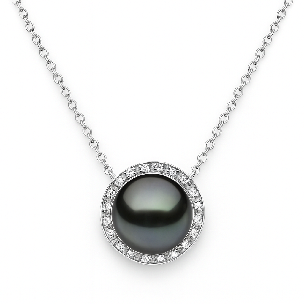 14K White Gold Tahitian Pearl Pendant, 8-9mm, 0.16ct