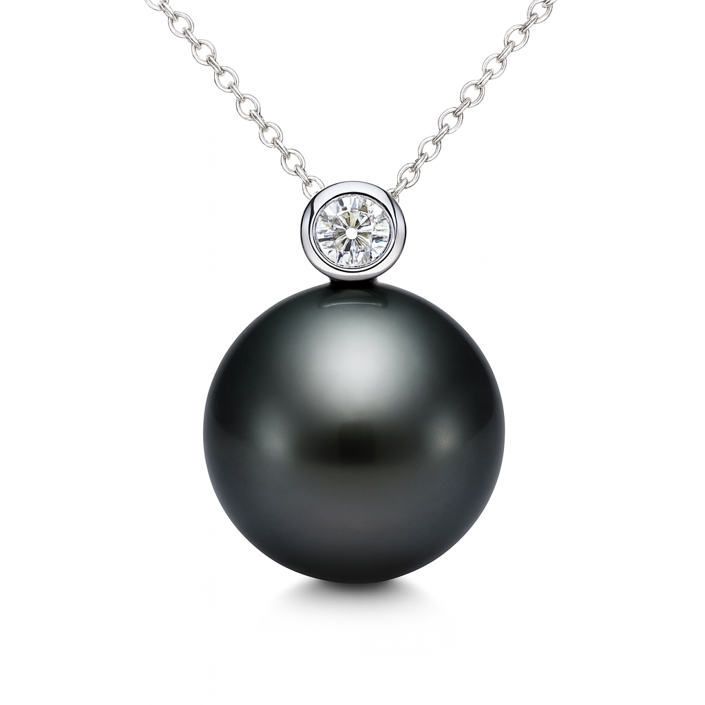 18K White Gold Tahitian Pearl Pendant, 11-12mm, 0.06ct