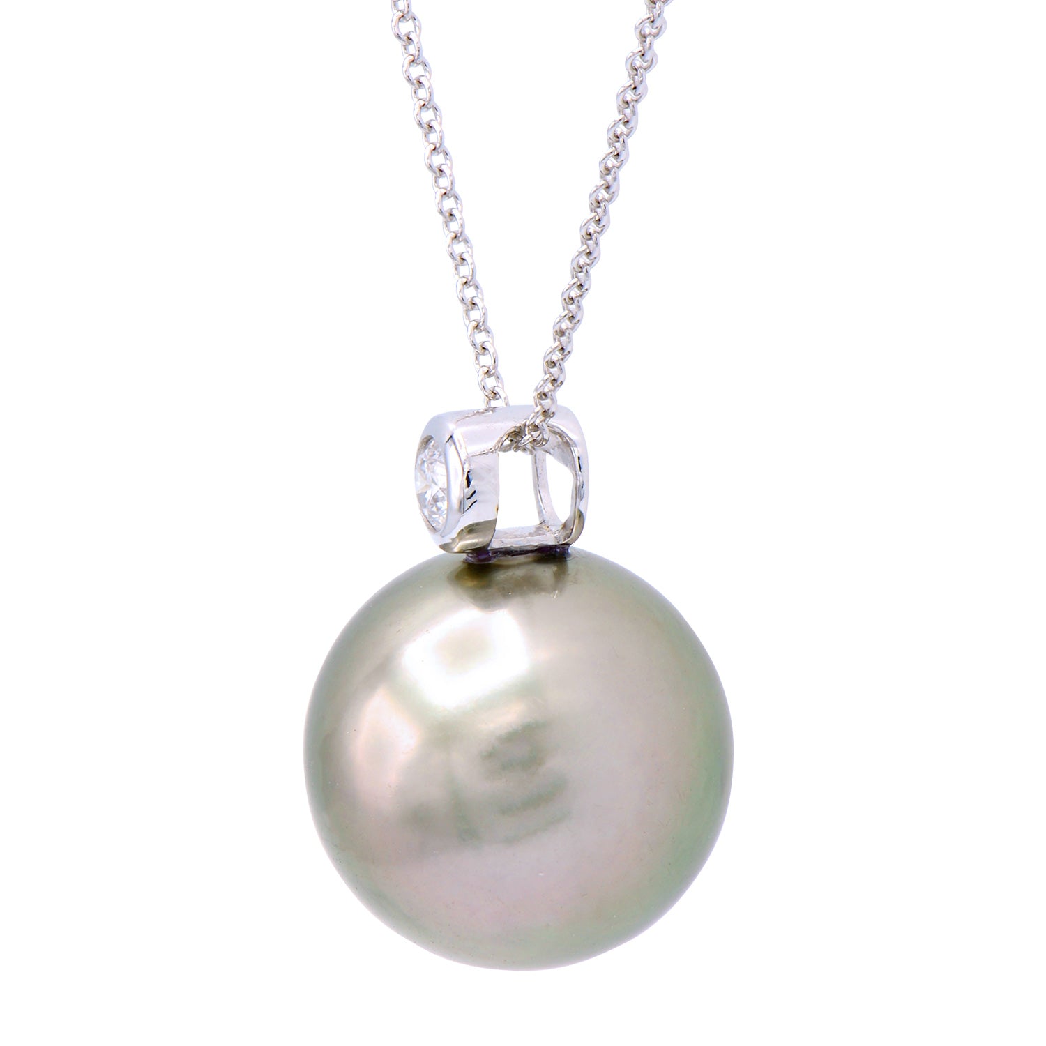 18K White Gold Tahitian Pearl Pendant, 11-12mm, 0.06ct
