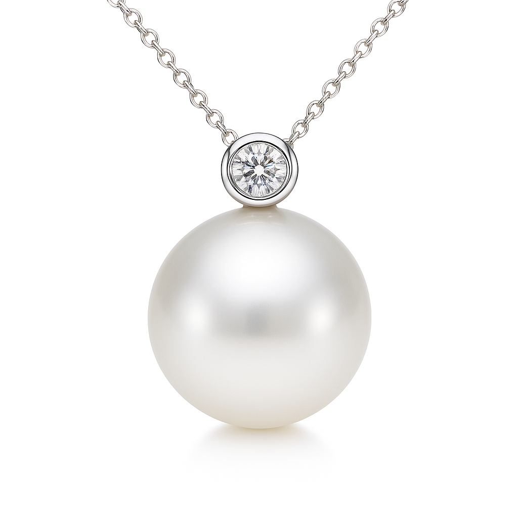 14K White Gold Freshwater Pearl Pendant, 9-10mm, 0.07ct