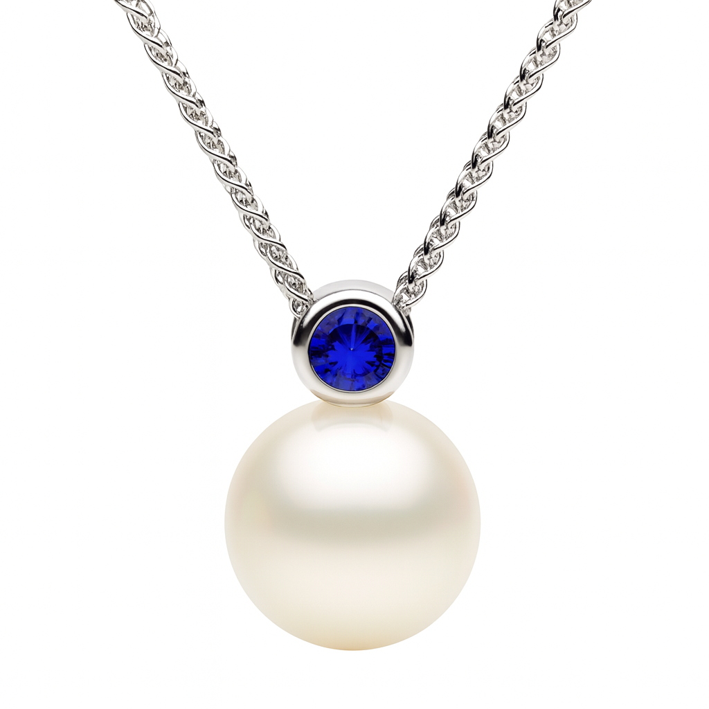 14K White Gold Blue Sapphire Pendant, 9-10mm, 0.08ct