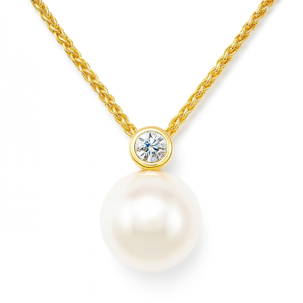 18K Yellow Gold Freshwater Pearl Pendant, 9-10mm, 0.08ct