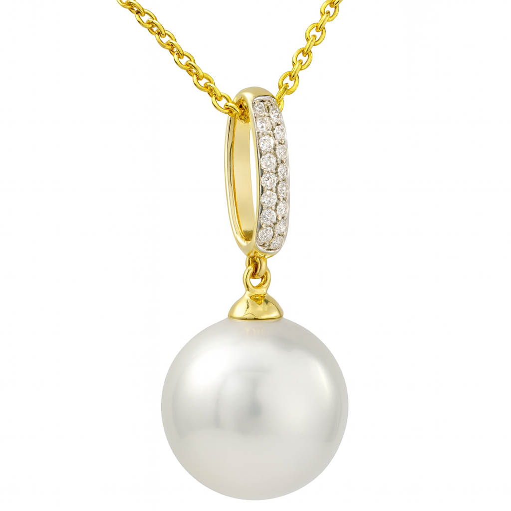 18K Yellow Gold South Sea Pearl Pendant, 9-10mm, 0.04ct