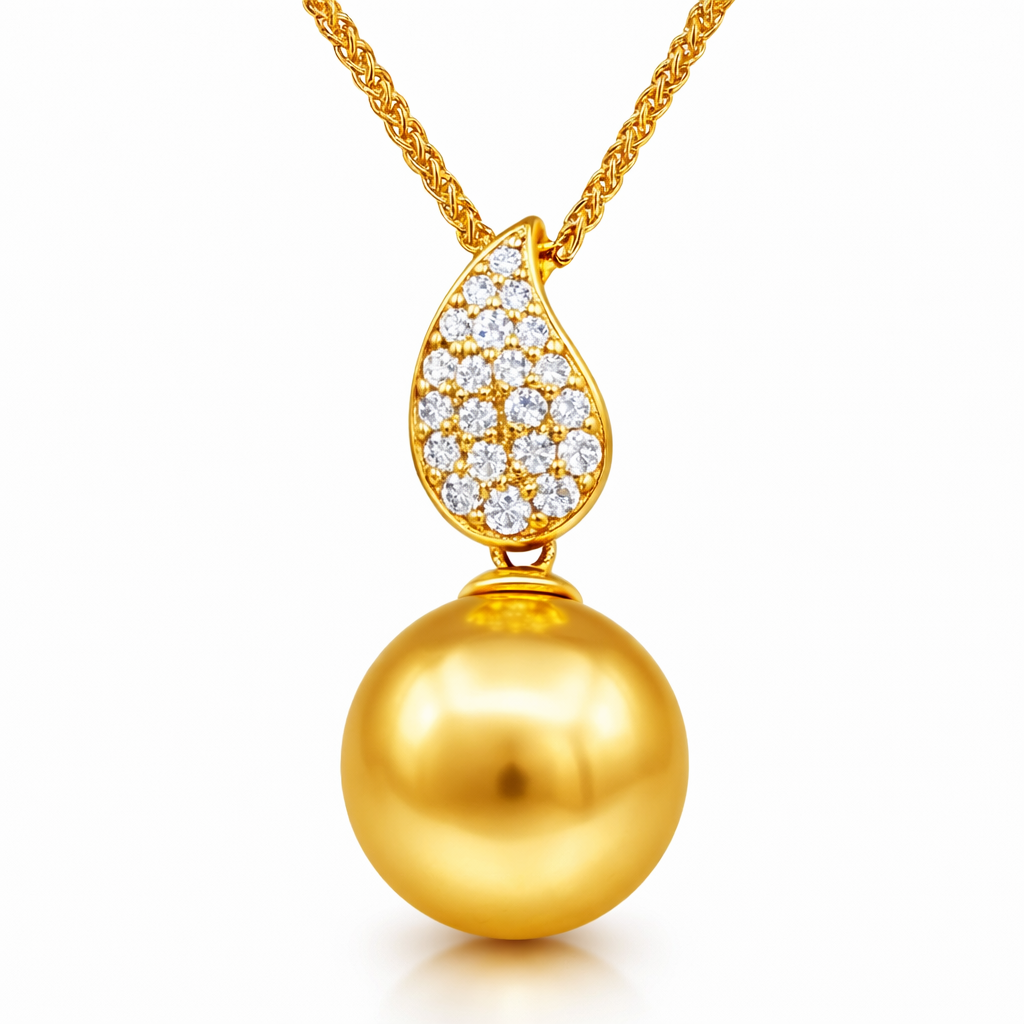 18K Yellow Gold Golden Pearl Pendant, 10-11mm, 0.15ct