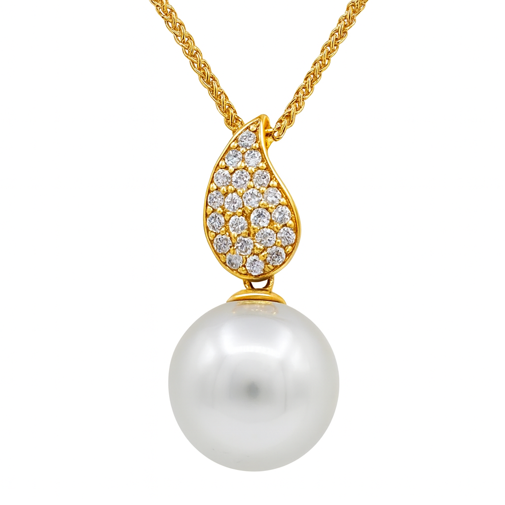 18K Yellow Gold South Sea Pearl Pendant, 10-11mm, 0.15ct
