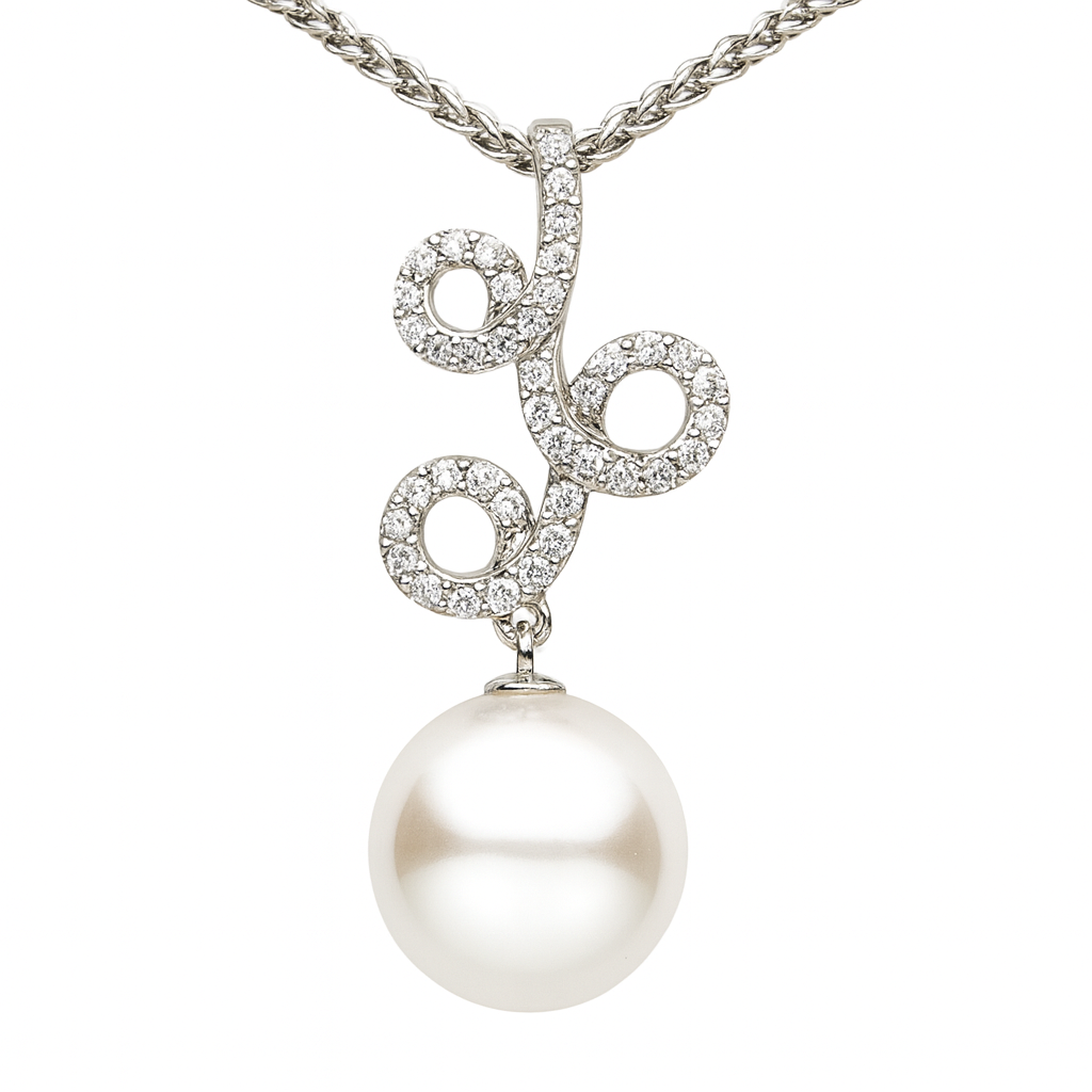 14K White Gold Freshwater Pearl Pendant, 9-10mm, 0.16ct