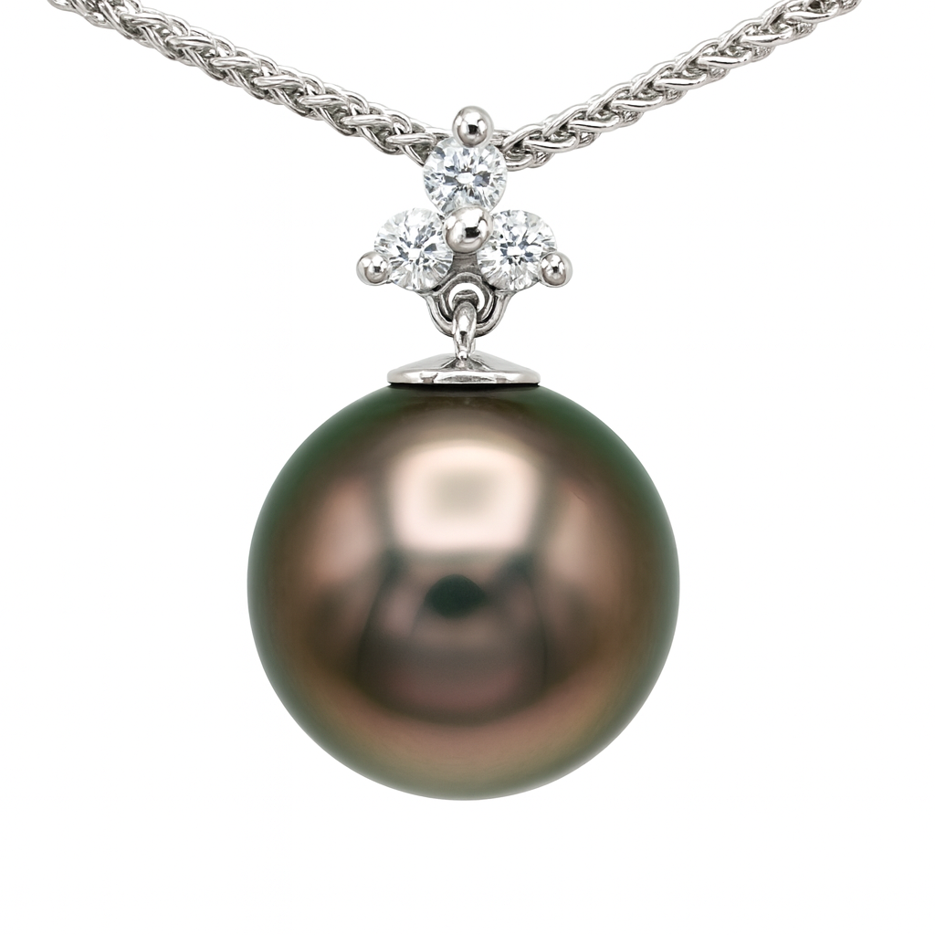 14K White Gold Tahitian Pearl Pendant, 10-11mm, 0.06ct