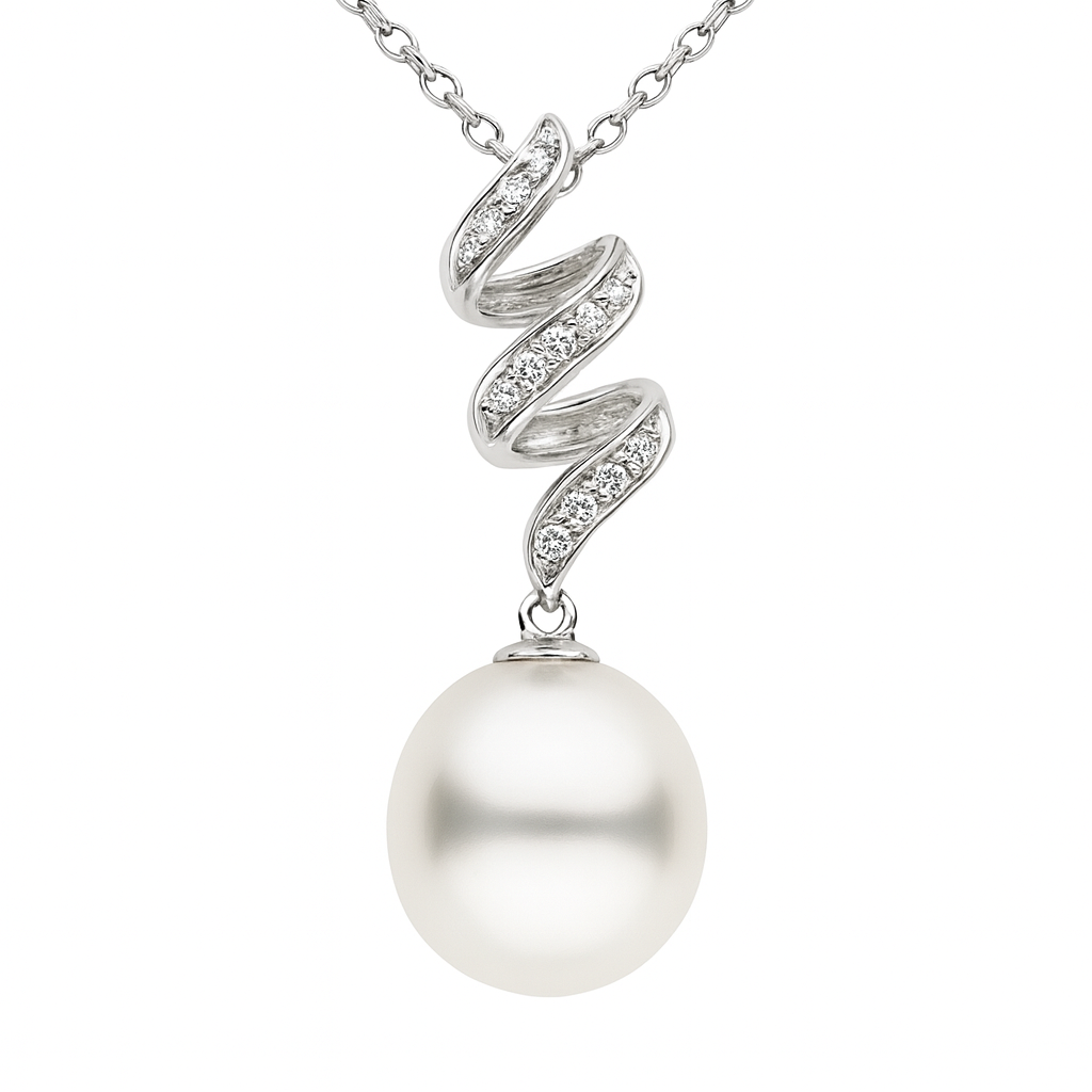 14K White Gold South Sea Pearl Pendant, 11-12mm, 0.09ct