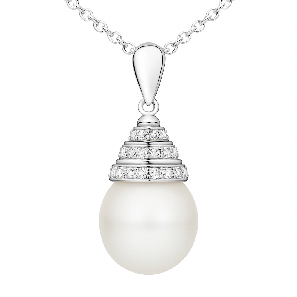 14K White Gold South Sea Pearl Pendant, 11-12mm, 0.12ct