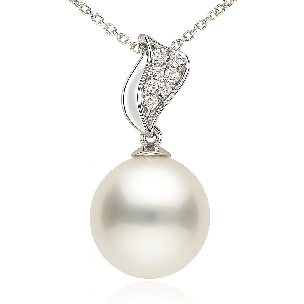 14K White Gold South Sea Pearl Pendant, 11-12mm, 0.08ct