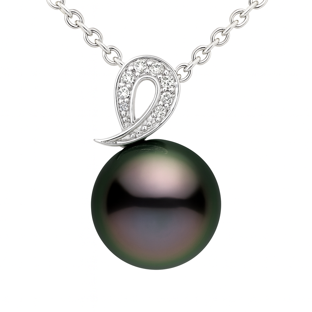 14K White Gold Tahitian Pearl Pendant, 10-11mm, 0.16ct