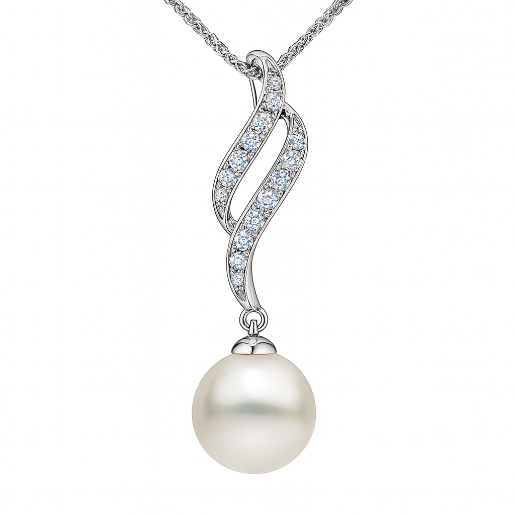 14K White Gold South Sea Pearl Pendant, 11-12mm, 0.12ct